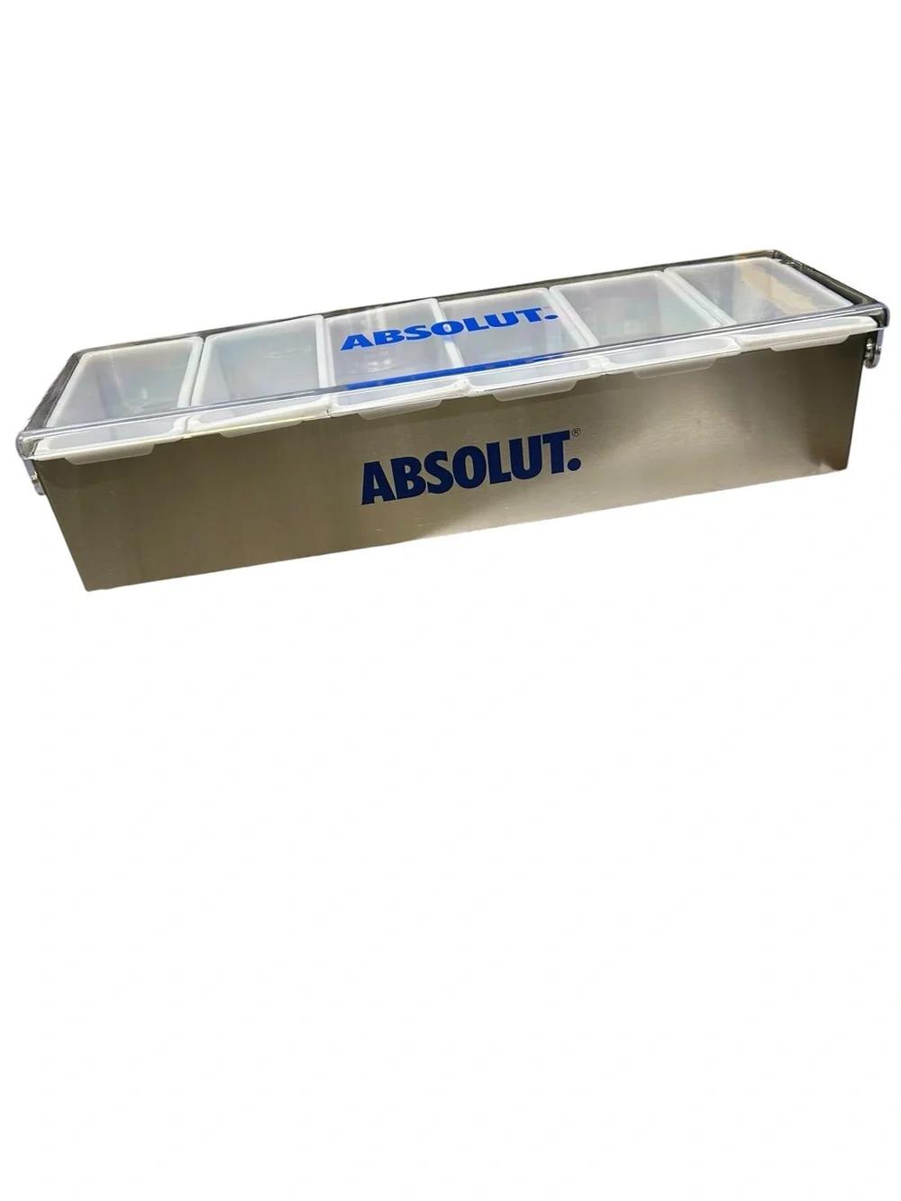 Absolut Vodka branded garnish condiment tray 6 compartments stainless steel NIB